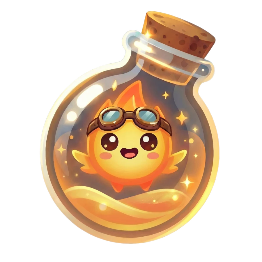 The SparkQuest mascot: a goggled ember sprite sealed in a forge flask