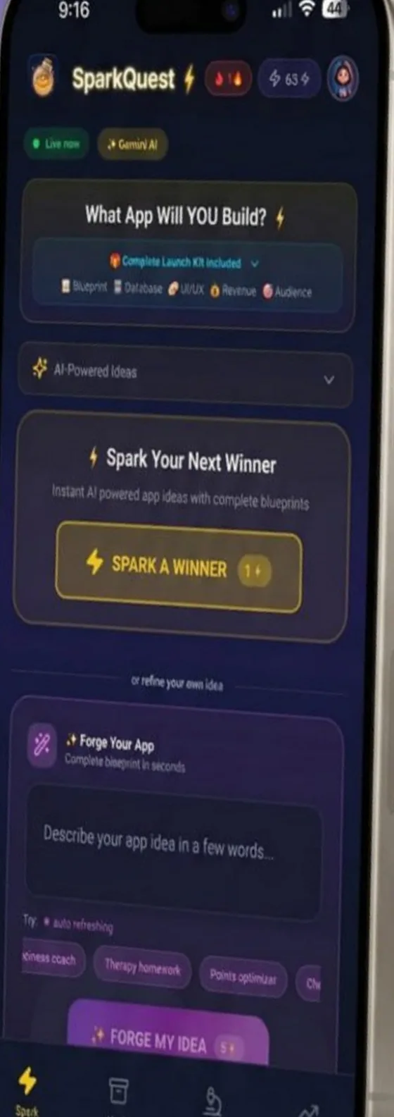 The SparkQuest home screen with the Spark a Winner striker