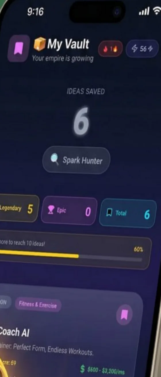 The Vault showing saved ideas counted by Legendary, Epic and Total